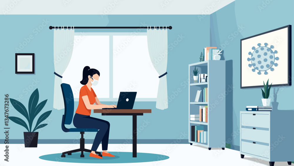 Remote Work Vector: Woman in Mask Working from Home Office During Pandemic, Freelance Professional at Desk, Laptop, Isolated, Safe Workspace, Home Interior, Quarantine Remote Work Vector: Woman in Mask Working from Home Office During Pandemic, Freelance Professional at Desk, Laptop, Isolated, Safe Workspace, Home Interior, Quarantine