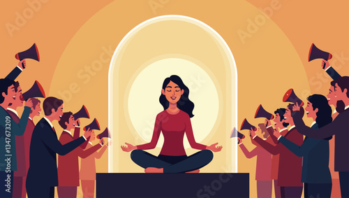 Calm Amidst Chaos: Woman Meditating in Glass Dome Ignoring Loud Megaphone Crowd. Inner Peace, Mindfulness, Focus, Concentration, Stress Relief, Serenity, Zen Lifestyle Vector.