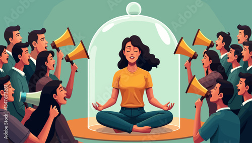 Serene Woman Meditating in Glass Dome, Ignoring Shouting Crowd with Megaphones, Achieving Inner Peace, Mental Health, Stress Relief Illustration, Conflict Resolution Concept