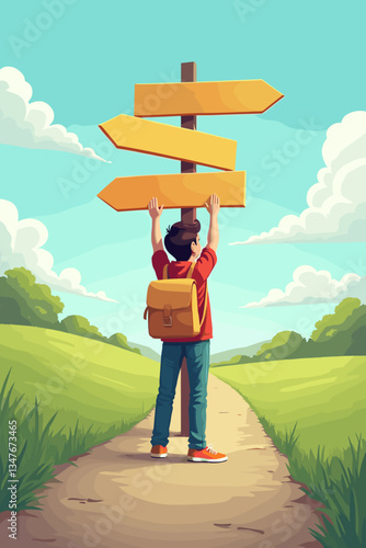 Crossroads of Choice: Student at Direction Sign Vector Graphic - Navigating Future, Educational Journey, Career Path, Opportunity Awaits, Decision Making, Exploration.