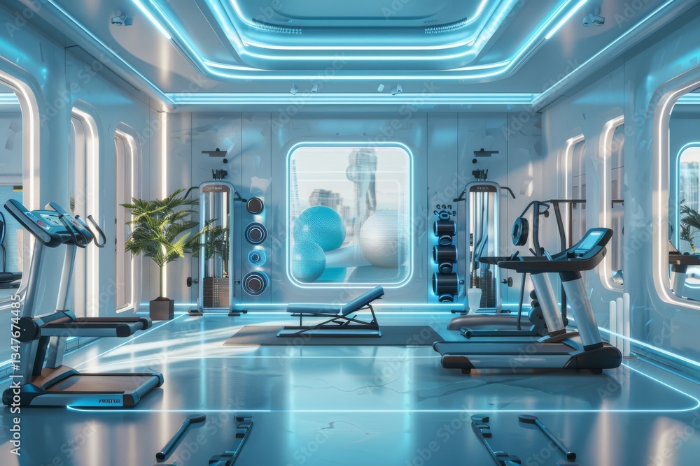 Fototapeta premium Futuristic gym interior with neon lights