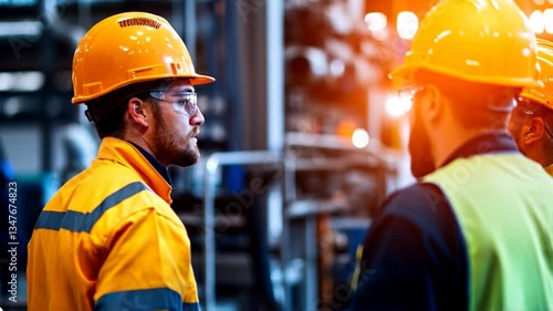 Factory workers meeting, discussion, safety