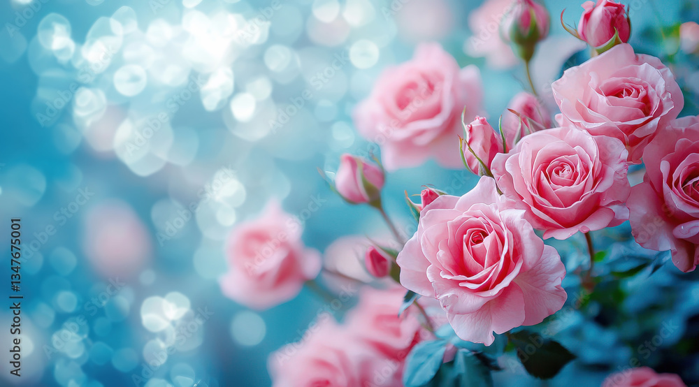 hermoso fondo abstracto romantico con un manojo de rosas fresas de color rosa pastel con fondo bokeh luminoso azul claro hermoso fondo abstracto romantico con un manojo de rosas fresas de color rosa pastel con fondo bokeh luminoso azul claro