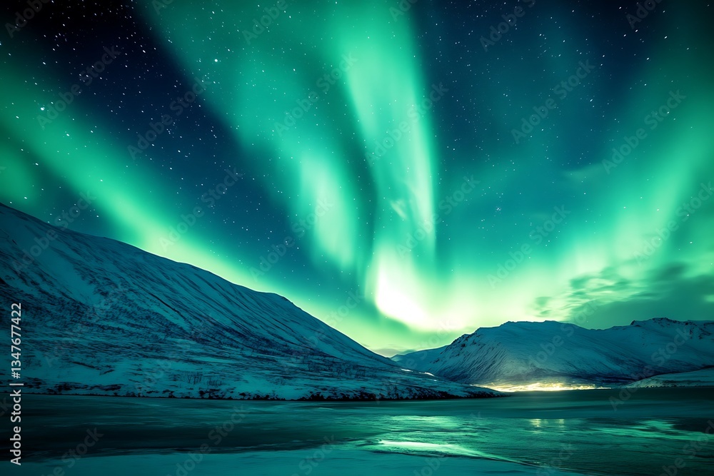 Fototapeta premium Aurora borealis’ striking visuals emerge from solar streams hitting Earth’s magnetosphere and gas chemistry by geophysical triggers.