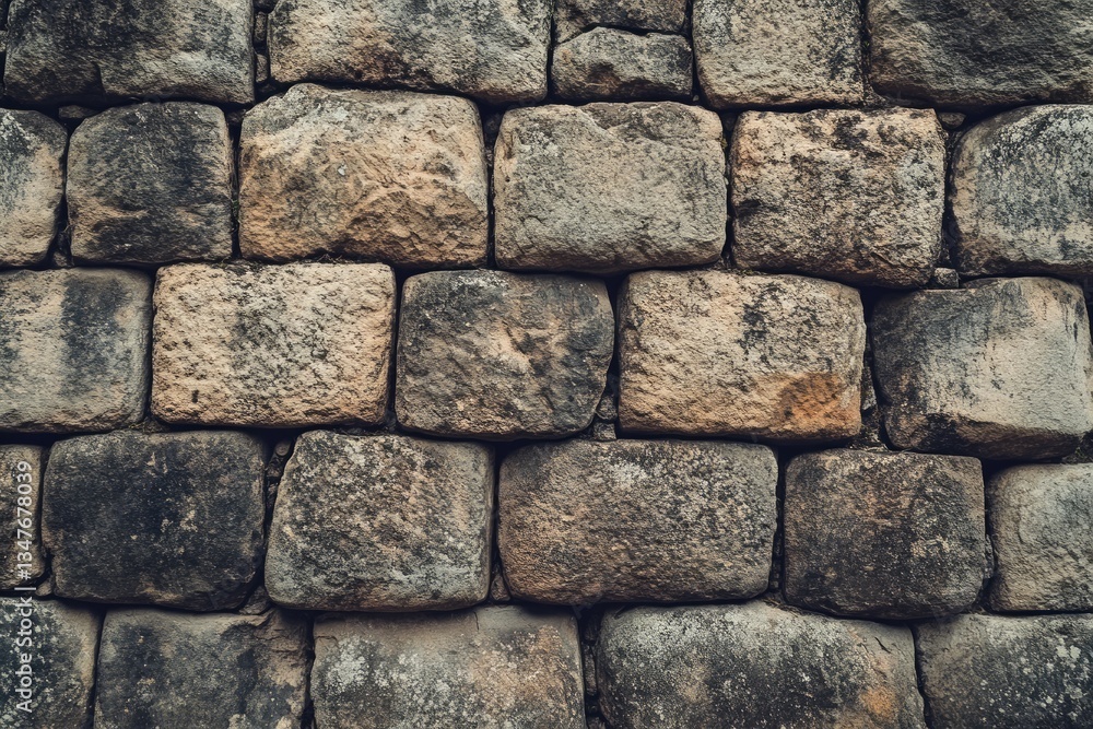 Fototapeta premium Close-up of rough stone wall texture in black and white. AI generative