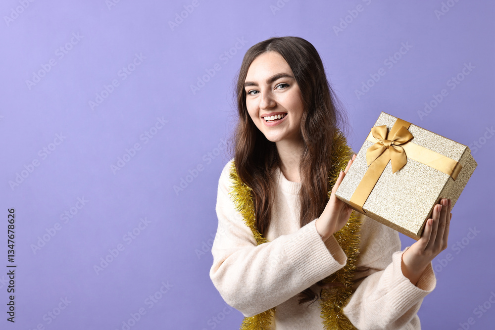 Happy young woman with tinsel and gift box on purple background. Space for text Happy young woman with tinsel and gift box on purple background. Space for text
