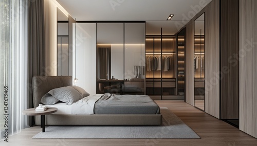 A modern spacious bedroom featuring a large bed and closet