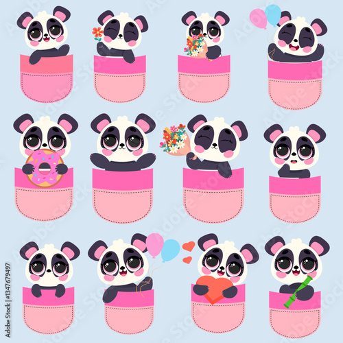 Cute panda characters in pink pockets with flowers, hearts, donuts and balloons. Perfect for kids prints, stickers, greeting cards and sweet animal themed designs