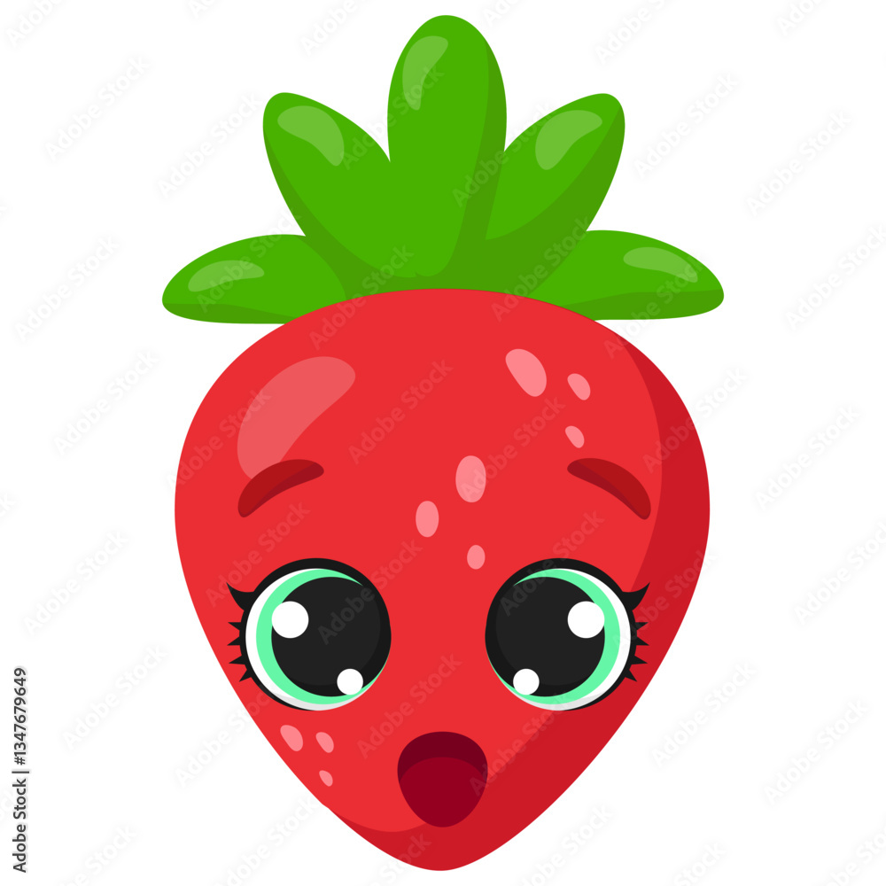 Obraz premium A surprised strawberry with large green leaves and expressive wide eyes. Bright and fun fruit design perfect for packaging, kids' prints, educational materials, and digital projects