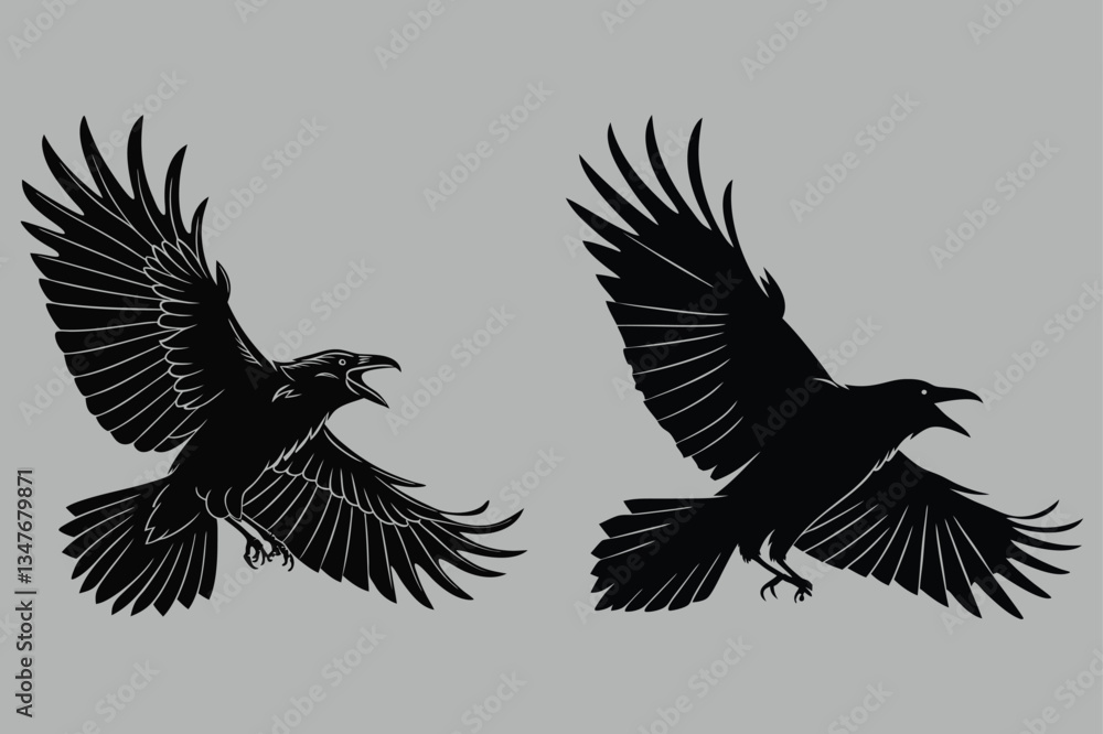 Fototapeta premium a crow flapping aggressively silhouette vector design art and illustration
