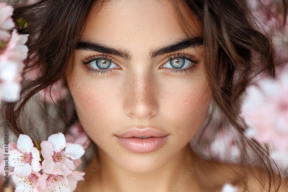 Spring mood, dark night and warm mystic light - complementary lighting. Commercial ad conceptual art concept art. Pretty middle eastern young woman surrounded by cherry blossoms. Spring mood, dark night and warm mystic light - complementary lighting. Commercial ad conceptual art concept art. Pretty middle eastern young woman surrounded by cherry blossoms.