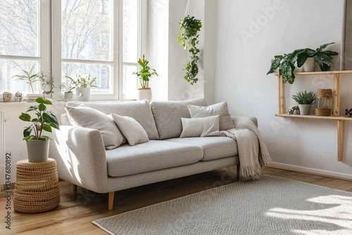 A light and airy living room with a comfortable sofa