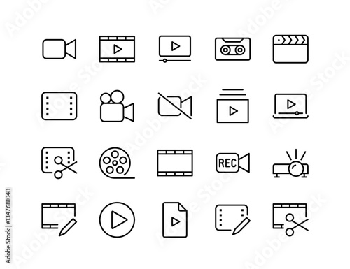 Video Editing Icons Set | Movie, Film, Play, Record, Cut, and Media Symbols - Minimal Line Style