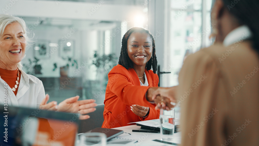 Obraz premium Success, handshake and meeting with business women in office for workshop, welcome and celebration. Applause, introduction and winner with people clapping in seminar for agreement, bonus and deal