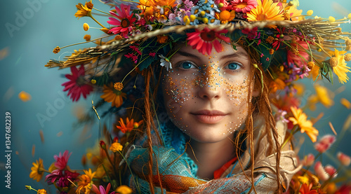 Flower Crown Woman Portrait With Colorful Accessories
