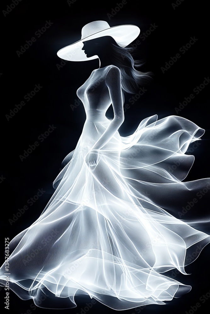 Naklejka premium Elegant abstraction of a model in flowing dress illuminated against a dark background showcasing creativity and fashion artistry