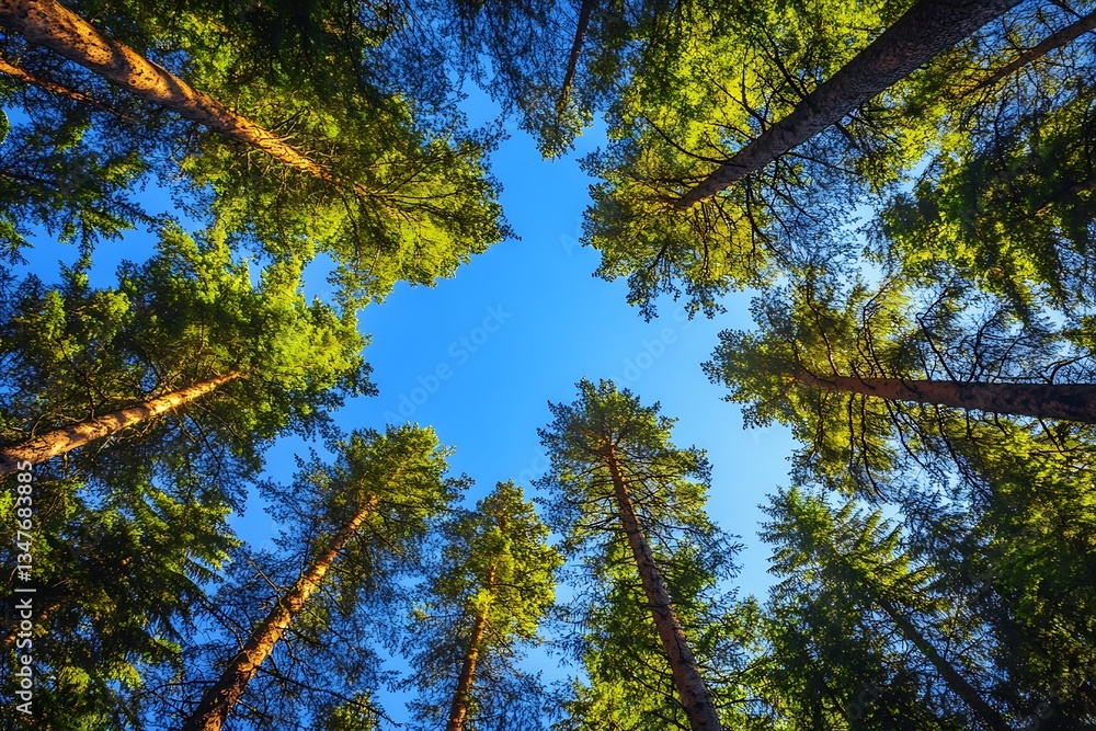 Fototapeta premium The photograph displays the majestic grace and stillness of a rich spruce forest with towering trees and clear sky contrast, seen from under. 