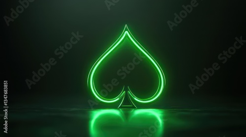 Glowing green spade symbol, dark background, reflection. Casino game design