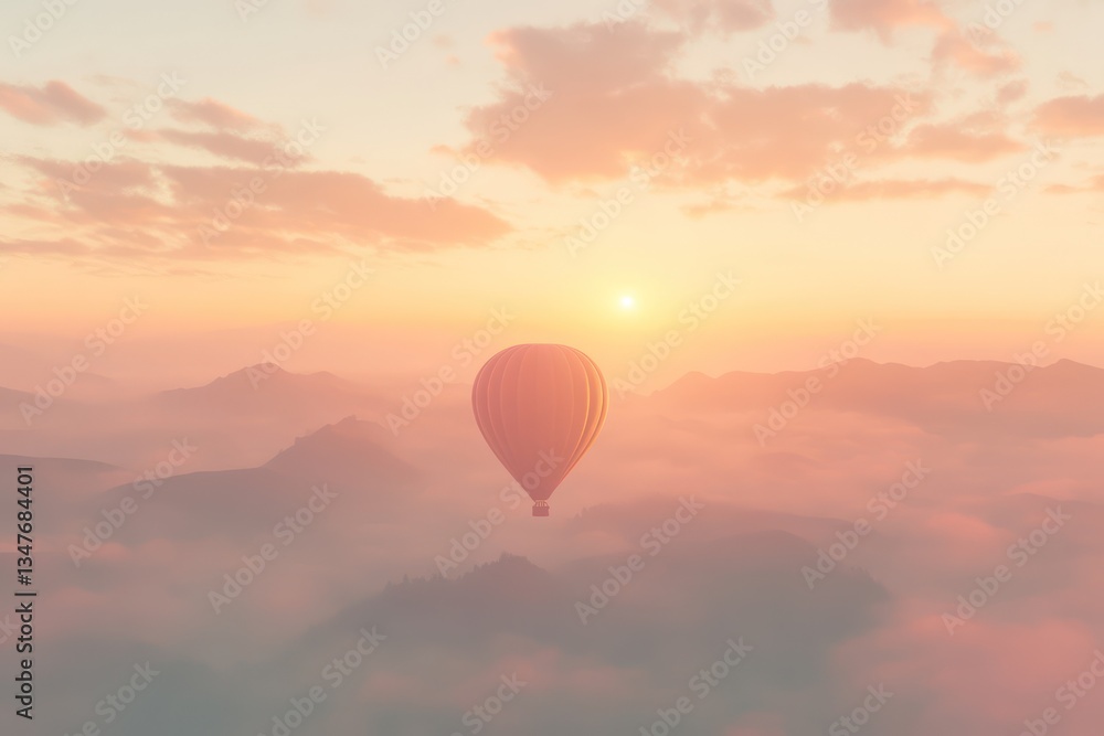 Fototapeta premium Hot air balloon sunrise flight over misty mountains; travel adventure