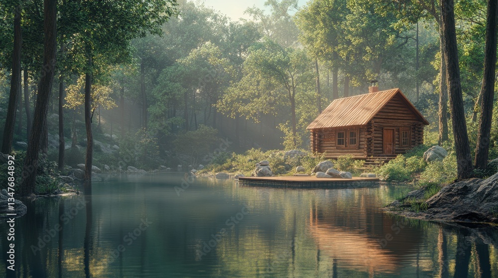 Fototapeta premium Log cabin sits peacefully beside a calm lake in a misty green forest. Ideal for illustrating peace, tranquility, and the beauty of nature.