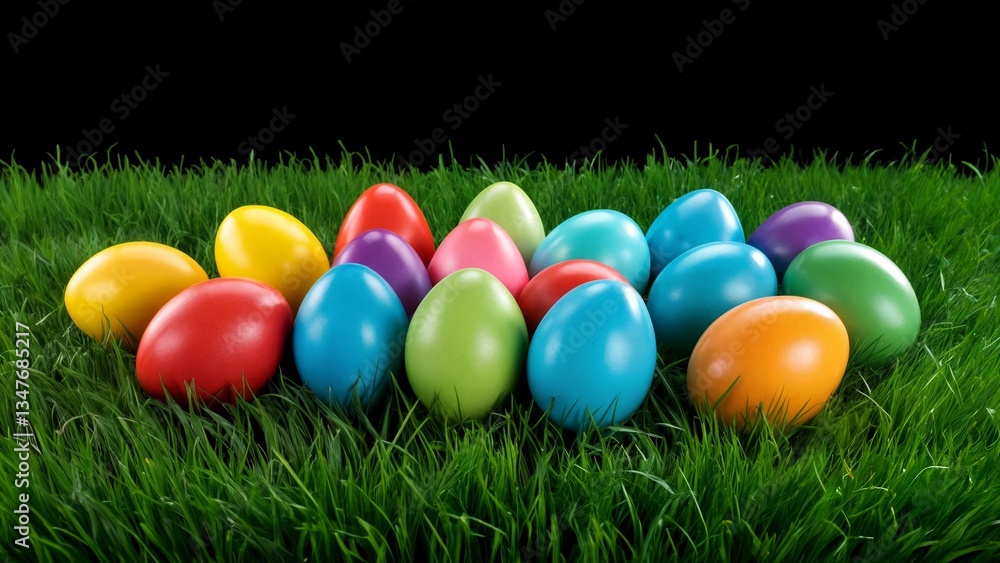 A group of brightly colored easter eggs in a field of green grass. A group of brightly colored easter eggs in a field of green grass.