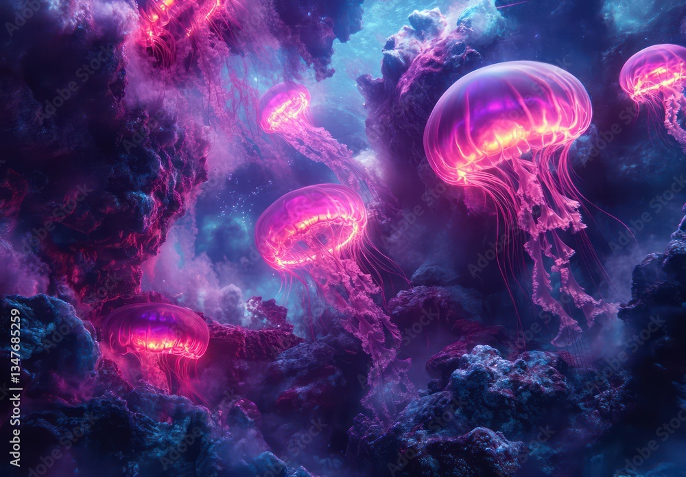 Fototapeta premium Glowing jellyfish ocean reef, fantasy art, underwater
