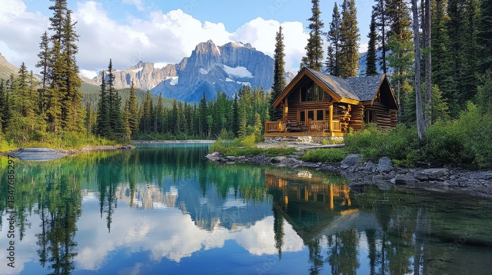Fototapeta premium Cabin on a lake with mountains reflected on the water, trees surround it. Great for travel, recreation, or advertising related to nature and peace.