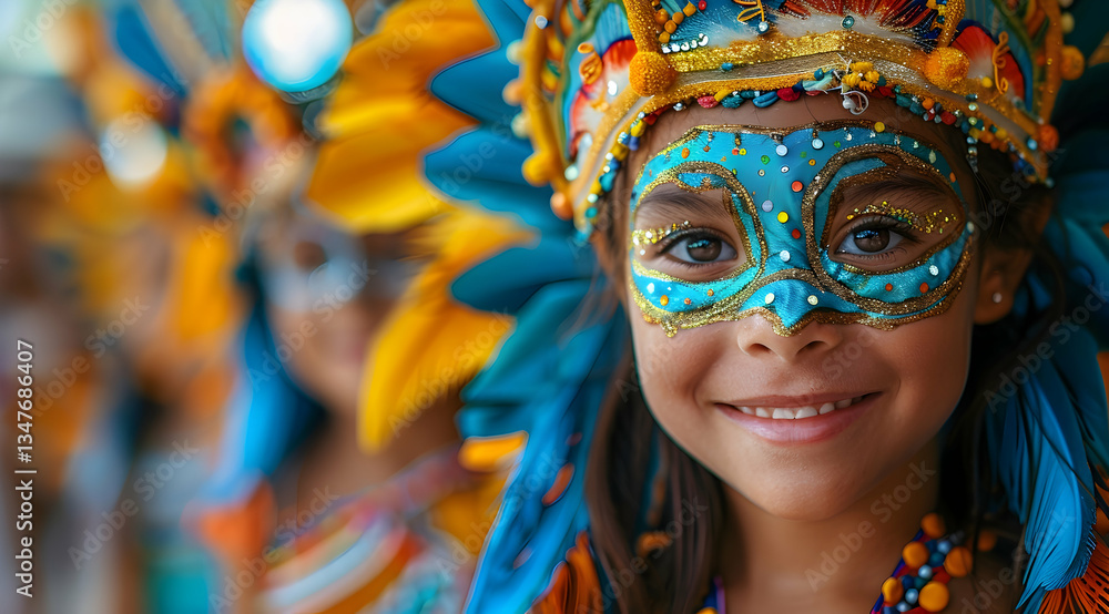 Smiling Girl In Carnival Mask With Colorful Costume