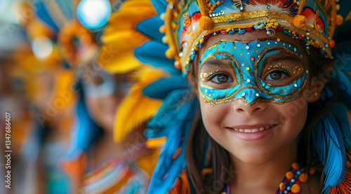 Obraz na płótnie Smiling Girl In Carnival Mask With Colorful Costume w salonie