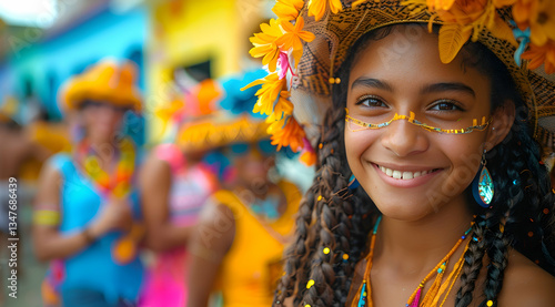 Obraz na płótnie Smiling Girl In Colorful Carnival Costume w salonie