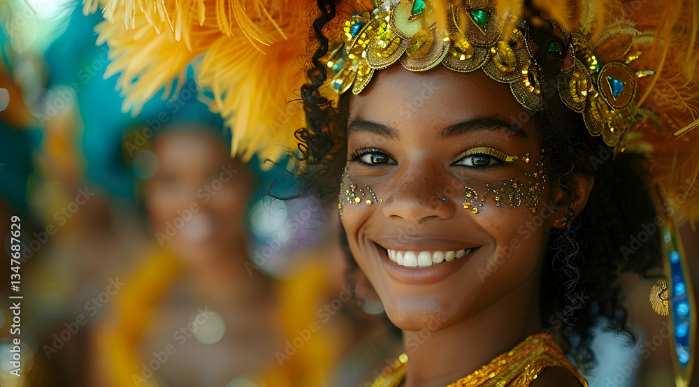 Smiling Woman In Carnival Costume With Yellow Feathers