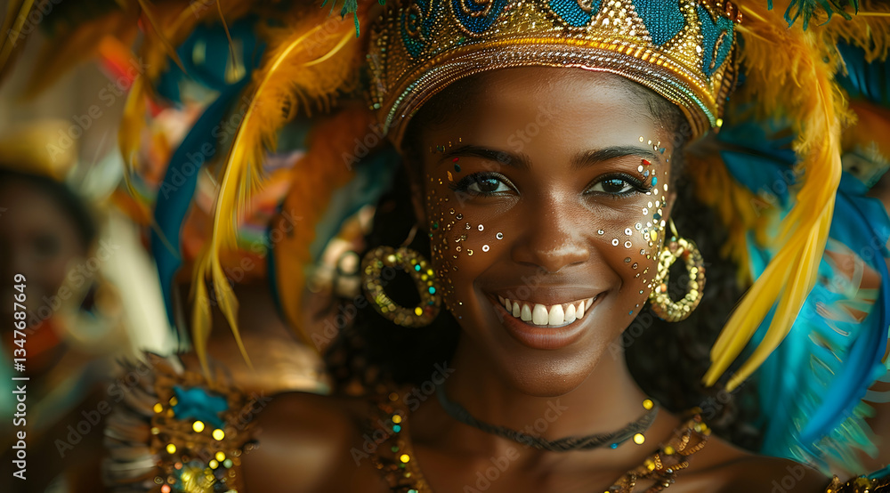 Smiling Woman In Carnival Costume With Glitter Face