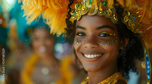 Obraz na płótnie Smiling Woman In Carnival Costume With Yellow Feathers w salonie
