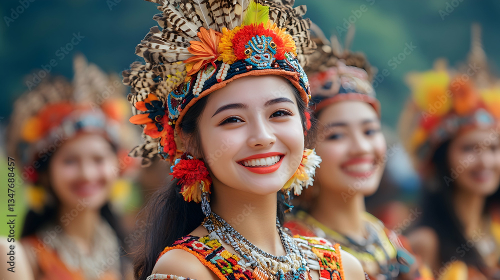 Smiling Woman In Traditional Dress With Colorful Crown