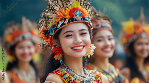 Obraz na płótnie Smiling Woman In Traditional Dress With Colorful Crown w salonie