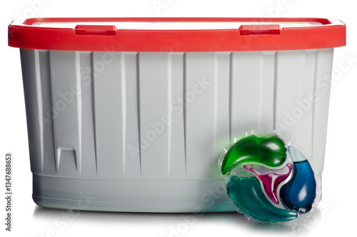 Container washing laundry capsules on white background isolation