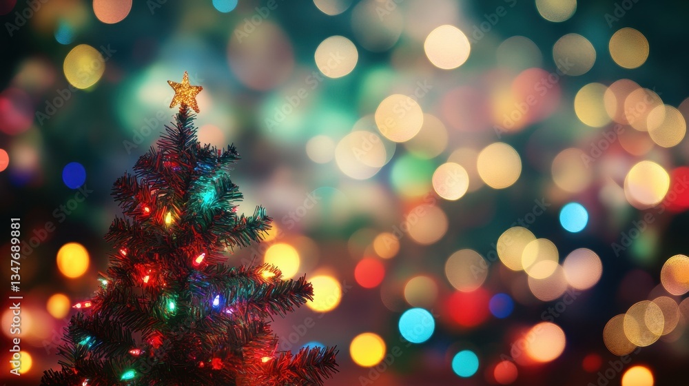 Festive tree glows against bokeh background, shining golden star topper. Perfect for Christmas greetings, holiday ads, & seasonal celebrations. Festive tree glows against bokeh background, shining golden star topper. Perfect for Christmas greetings, holiday ads, & seasonal celebrations.