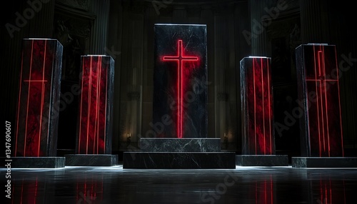 Red cross altar in church chamber, dark setting for symbol