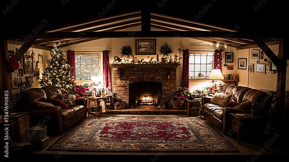 Cozy Living Room with Fireplace and Christmas Tree Cozy Living Room with Fireplace and Christmas Tree