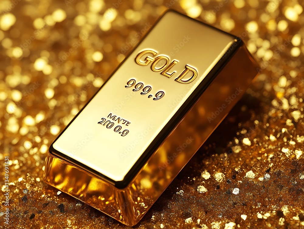 A gold bar rests on a bed of golden shimmering particles A gold bar rests on a bed of golden shimmering particles
