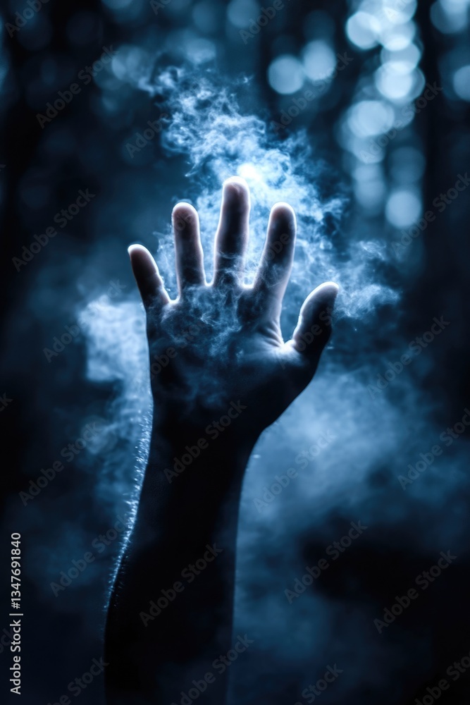 Mysterious hand emerging from ethereal blue mist in dark forest Mysterious hand emerging from ethereal blue mist in dark forest