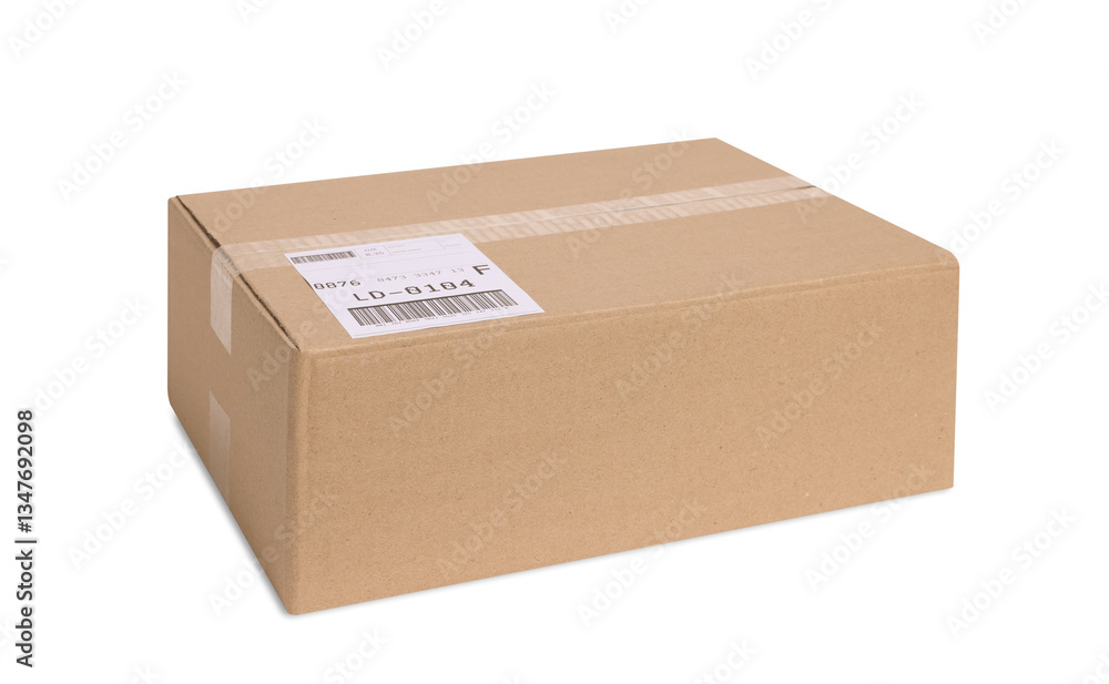 One parcel with shipment label isolated on white