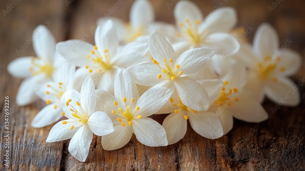 White Flowers Clustered on Wooden Surface White Flowers Clustered on Wooden Surface