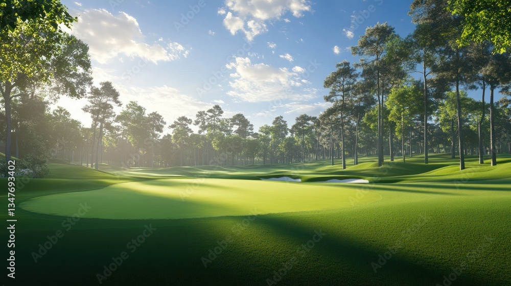 Fototapeta premium Sunlit Golf Course Green, Forest