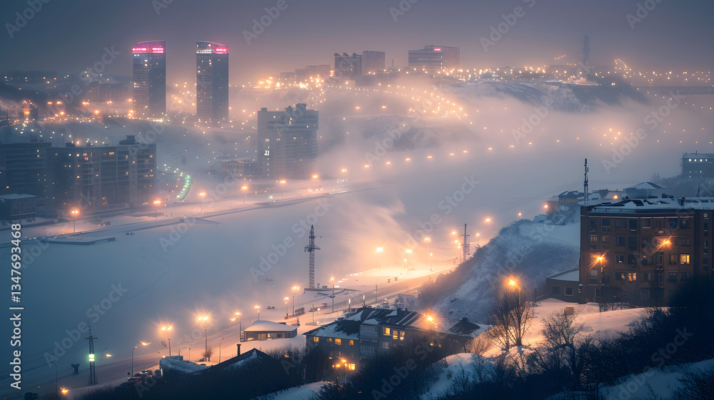 Fototapeta premium Winter's Embrace: A Snow-Blanketed Vladivostok City Under Dusky Sky 