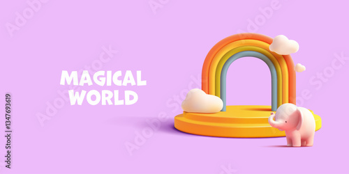 Magical world. 3D rainbow, elephant, empty podium, clouds on a purple background. Modern banner for advertising and promotional offers for children's goods, and discounts. Vector illustration.