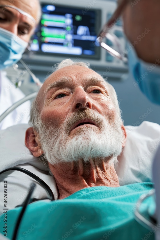 Obraz premium Elderly caucasian male in hospital bed with medical staff and equipment
