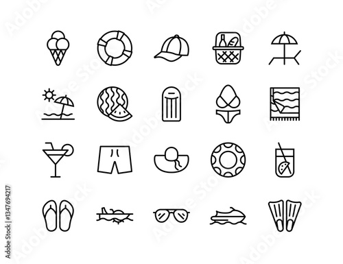 Beach Vector Icon Set | Adjustable Line Weight | Summer, seaside, umbrella, swimsuit, flip flops, cocktail, sunglasses, swimming, picnic, lifebuoy, towel, vacation, relaxation icons
