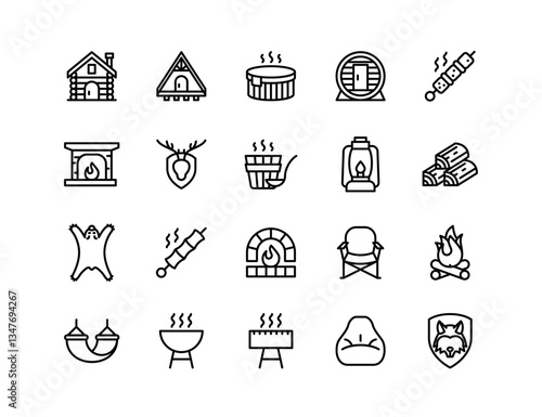 Cabin Vector Icon Set | Adjustable Line Weight | Lodge, sauna, fireplace, camping, barbecue, lantern, hammock, firewood, grilling, outdoors, cozy, wilderness, adventure icons