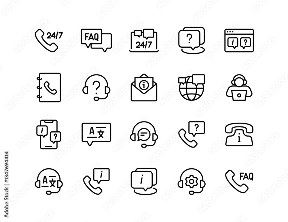 Fototapeta premium Customer Support and Communication Vector Icon Set – 24/7 Call, Chat, Email, Web Support, FAQ, Online Help, Mobile Assistance, Call Center, Translation, Service Settings, Phonebook